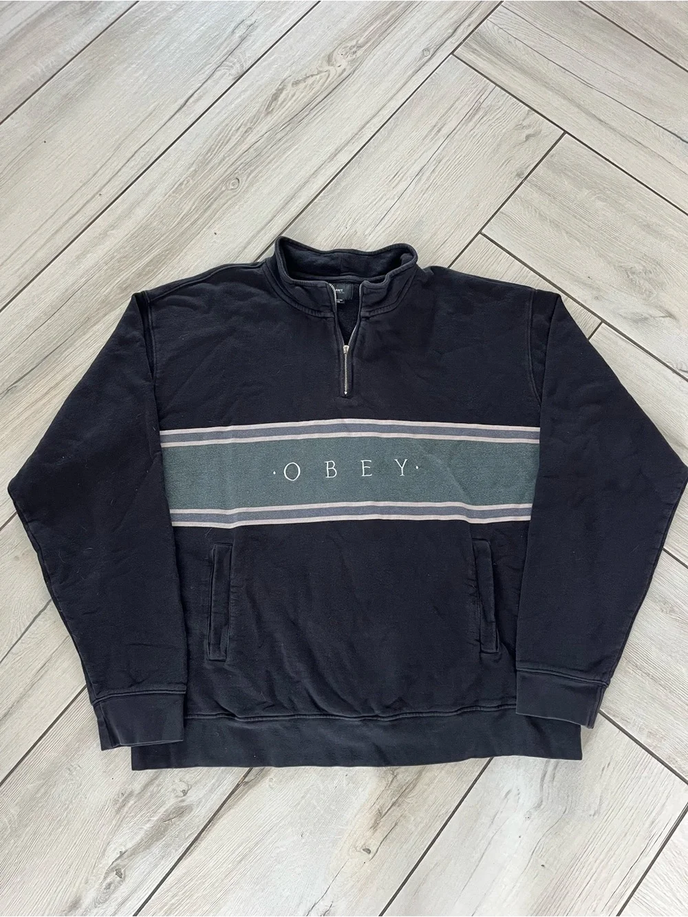 Obey Black Zip-Up Sweater with Grey Chest Stripe
